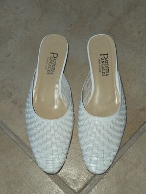 Italian Leather White Woven Mule Low Heel Shoes By Patrizia Pancaldi